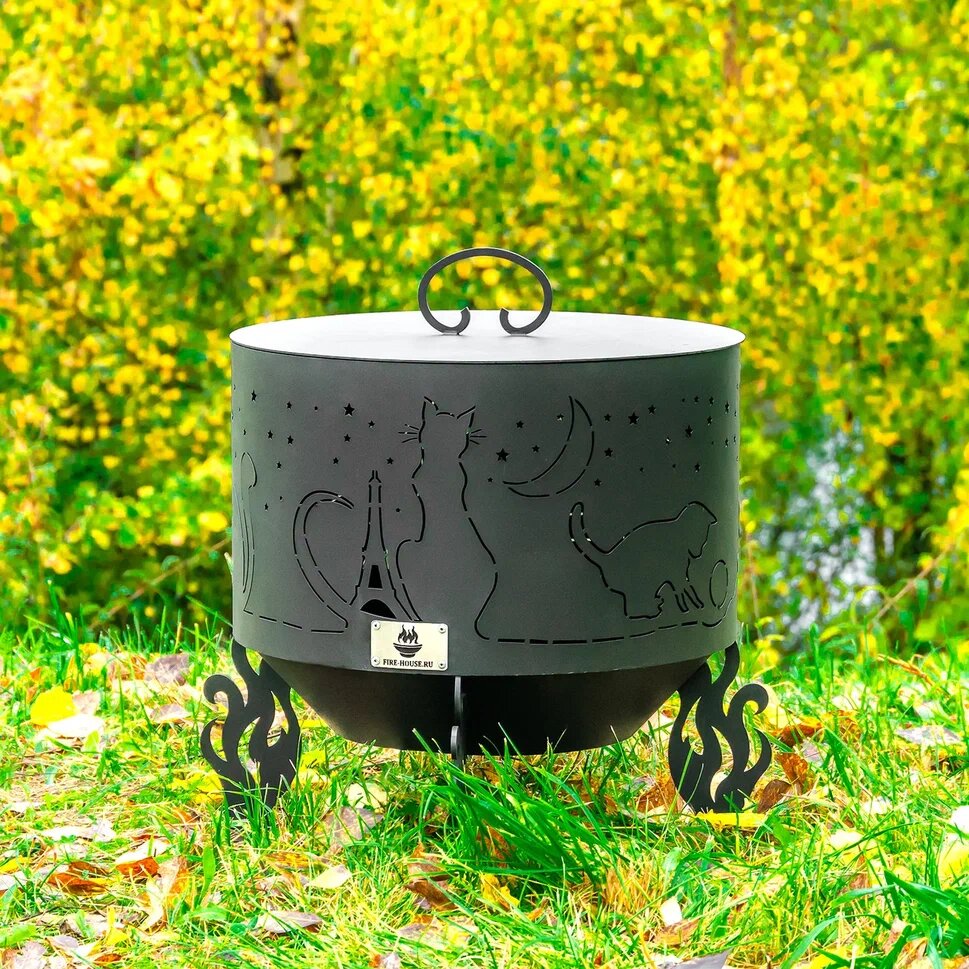 Костровая чаша Коты и звезды диаметр 60 см с крышкой пламегасителем