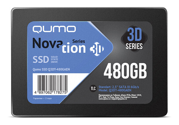 Накопитель SSD 480GB QUMO Novation TLC 3D (Q3DT-480GAEN) 2,5"/7 mm R/W 560/540 AS2258 Ret