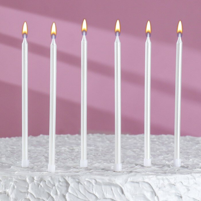 Свечи в торт Металлик, 6 шт, высокие, 13 см, жемчужные
