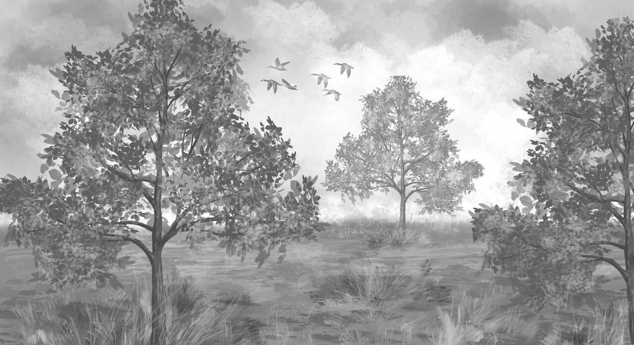 Обои бесшовные Пейзаж с утками серый (ширина 2550мм х длина 2500мм) - фотография № 3