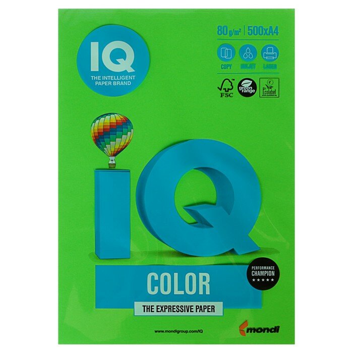 IQ Бумага цветная А4 500 л, IQ COLOR, 80 г/м2, зеленый, MA42
