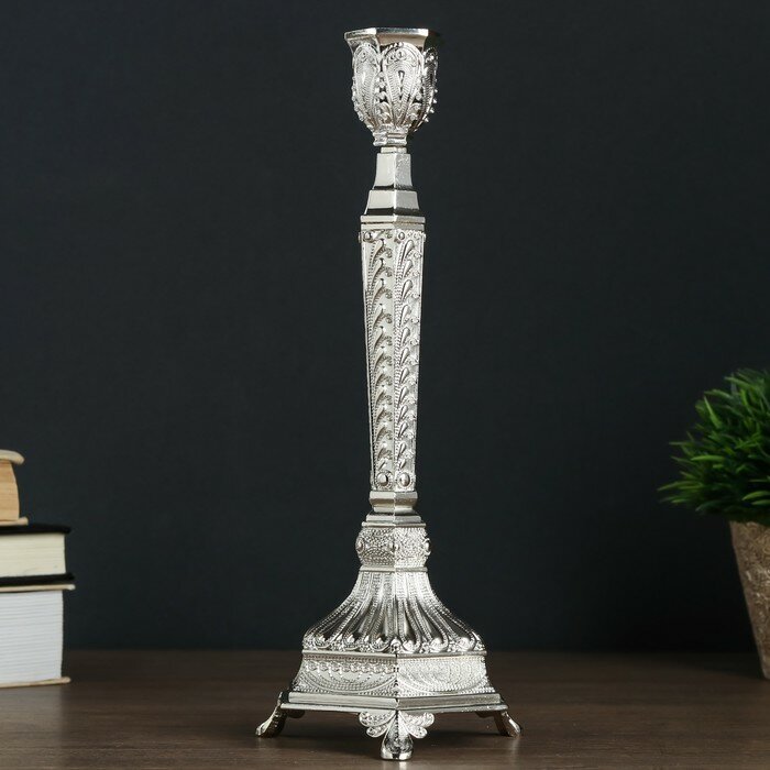 Подсвечник металл на 1 свечу "Узорный" серебро 25х10х9,5 см - фотография № 2