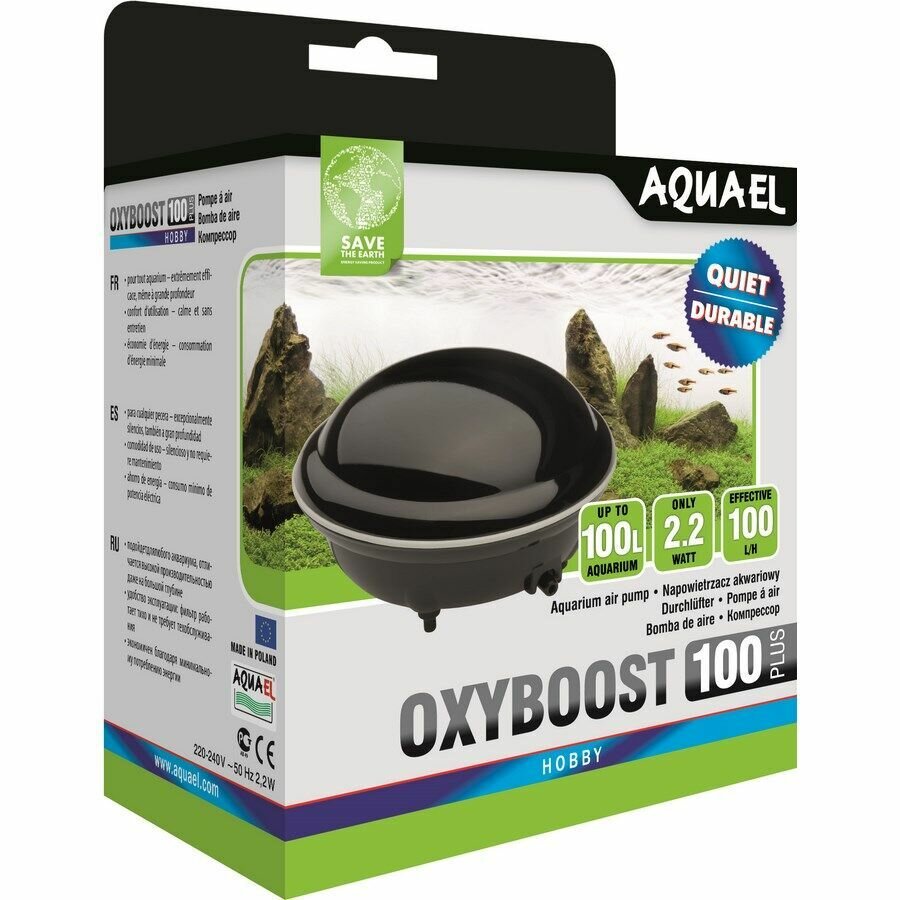 Аксессуары для аквариумов Aquael 113118 Компрессор OXYBOOST 100 plus (до 100л) 100л/ч, Потр.мощн.-2,2Вт, 18шт/уп., 275гр, 275 гр