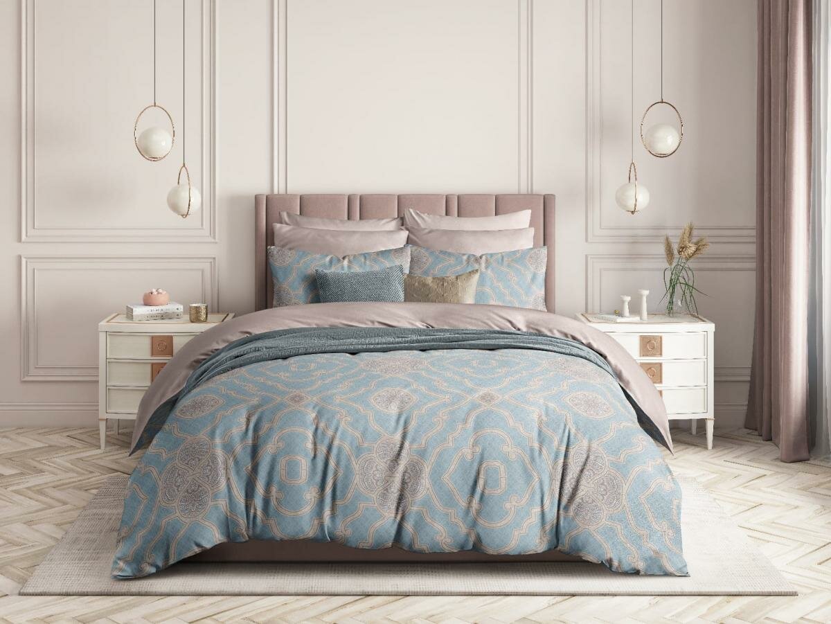 Сатин ЗефирТекс Постельное белье Alhambra, сатин, орнамент, голубой (2 спальный Макси с нав. 70х70 см,) - фотография № 1