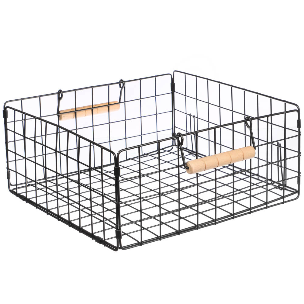фото VETTA Корзина металлическая складная 28x28x12 см, деревянные ручки, черный