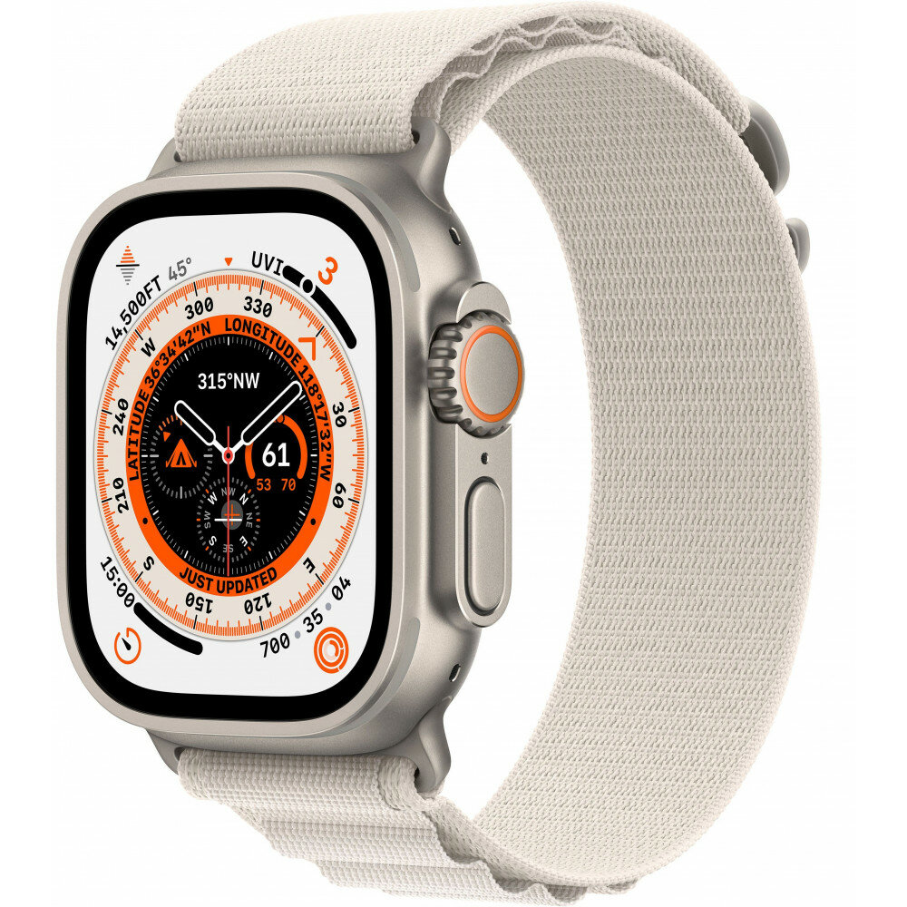 Apple Watch Ultra GPS + Cellular, 49 мм, корпус из титана, ремешок Alpine цвета «сияющая звезда», размер L (MQFT3)