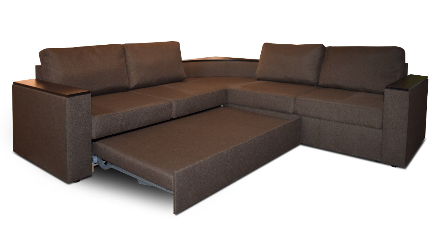 Угловой диван Фоборг с полкой и деревянными подлокотниками 237х237х86 см, коричневый рогожка - фотография № 7