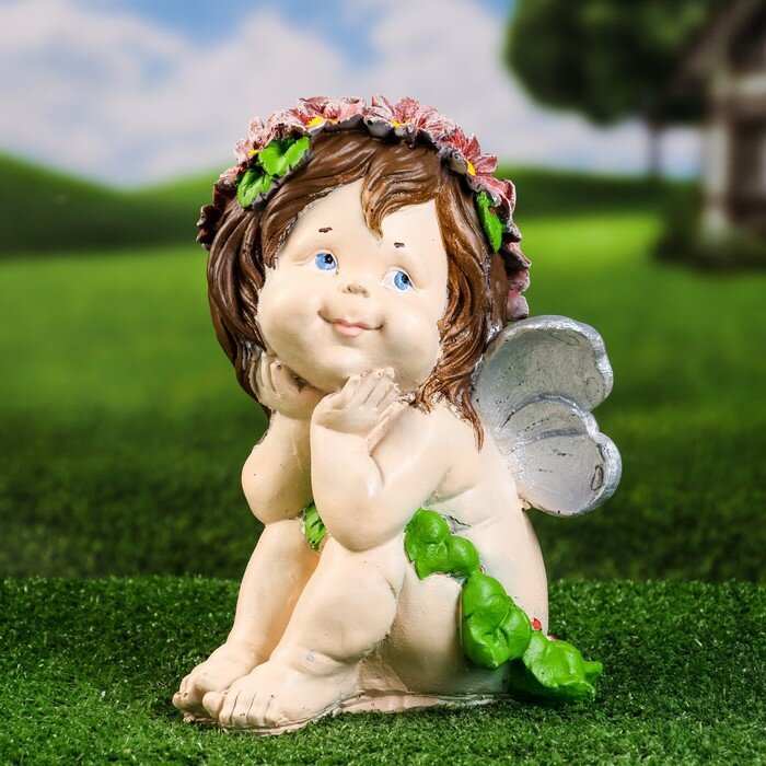 Садовая фигура "Ангел мечтатель" цветной, 27х20см - фотография № 1