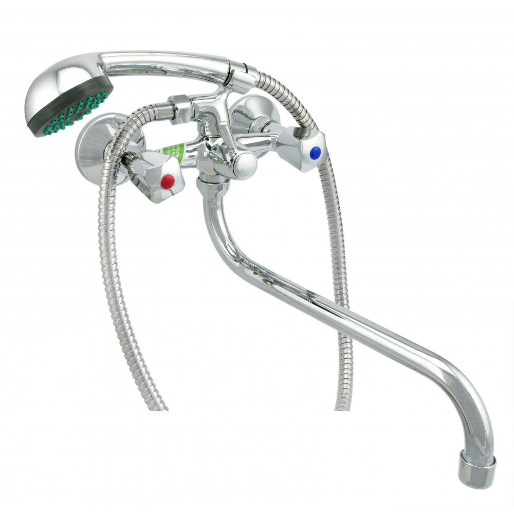 фото Juguni Смеситель ванно-душевой двуручный с металлическим шлангом и хром. лейкой, 0402.642A