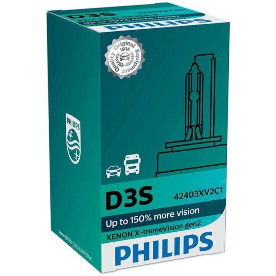 Лампа автомобильная PHILIPS Xenon X-tremeVision D3S 35W PK32d-5+150% gen2 4800K 42V, 1шт, 42403XV2C1