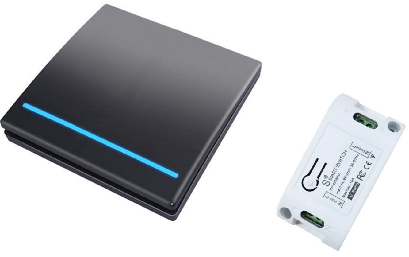 фото Комплект - Беспроводной выключатель 1-канальный RF 433Mhz черный RF1B + Радиореле одноканальное D01R