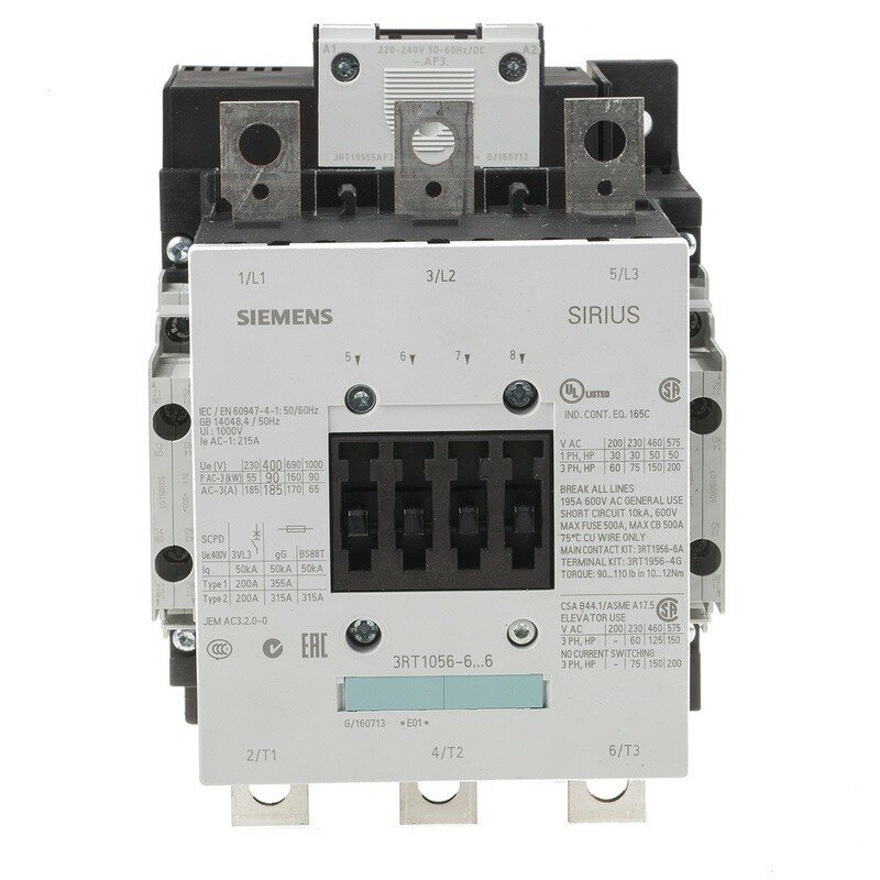 SIEMENS 3RT1056-6AP36 Контактор 3-х полюсный 185А, 90KW/(макс допустимый ток 215А) 220V AC 2NO+2NC