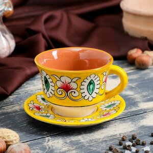 Фото Чайная пара Риштанская Керамика 100мл (тарелка 10см чашка 7,5см) желтая