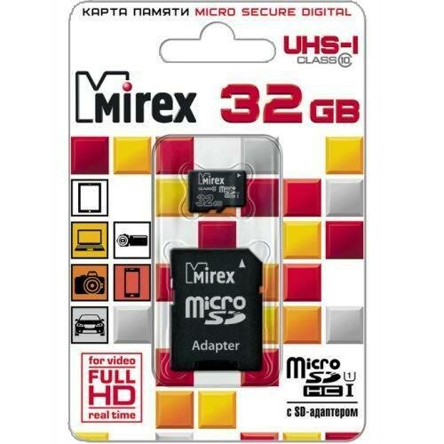 Карта памяти microSDHC Mirex 32 Гб класс 10 UHS-I - с адаптером SD