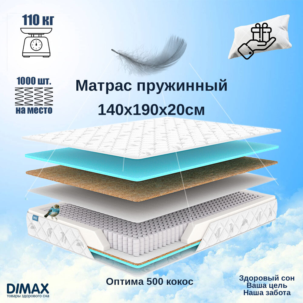 Матрас пружинный Dimax Оптима 500 кокос, 140х190х 20 см
