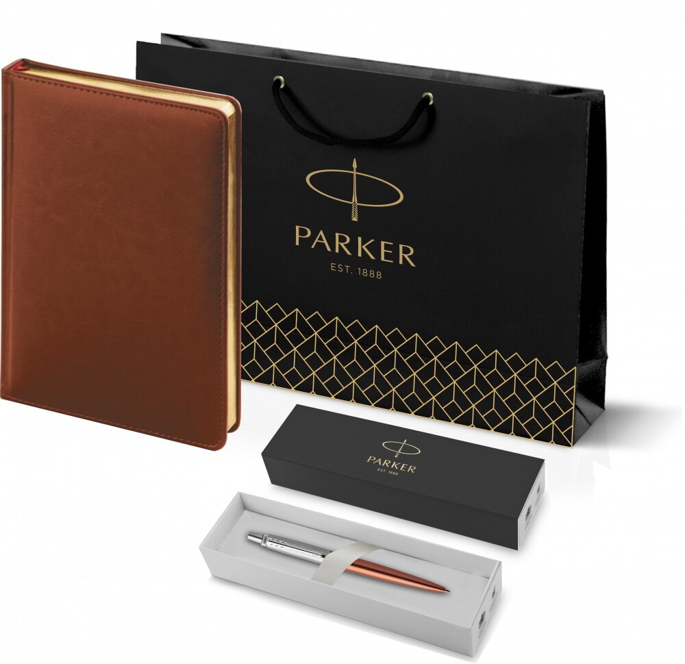 Подарочный набор: Шариковая ручка Parker Jotter Essential, Chelsea Orange CT, стержень: Mblue и Ежедневник коричневый недатированный