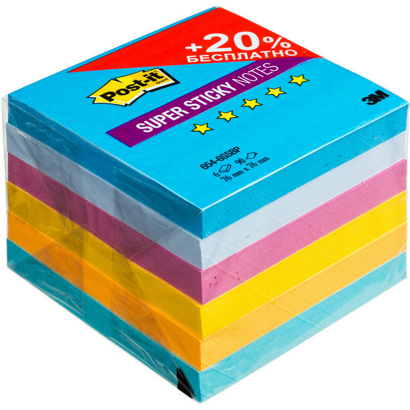 Стикеры Post-it Super Sticky Воздух 76x76 мм неоновые 5 цветов (6 блоков по 90 л) 7100091464 564962