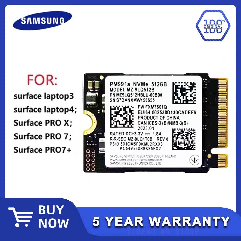Твердотельный накопитель Samsung PM991a 1 ТБ SSD M.2 2230, PCIe 3,0x4 NVME SSD для Microsoft Surface Pro 7 + Steam Deck