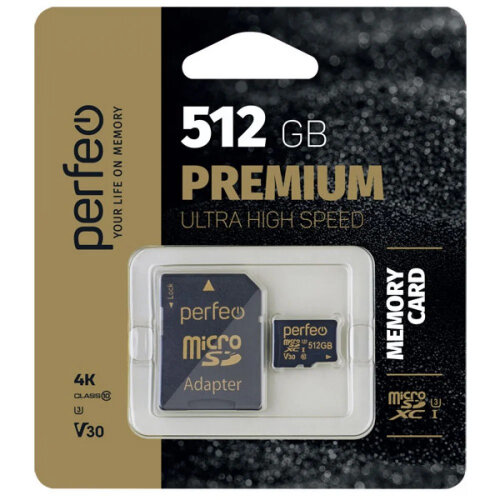 Карта памяти PERFEO microSDXC 512Gb Class 10 UHS-I U3 V30 + ADP (70/35 Mb/s)