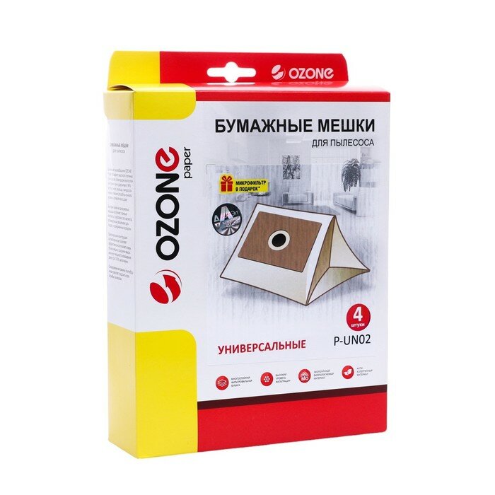 фото Универсальные бумажные Мешки-пылесборник P-UN02 Ozone для пылесоса, фланец 120х190, 4 шт + м 1049585