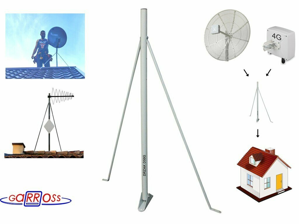 Мачта антенная "DRZAK D50G" кронштейн для антенны ТВ спутниковых тарелок и интернета с жёсткими растяжками подходит на любую крышу диаметр 51мм высота 1метр серый
