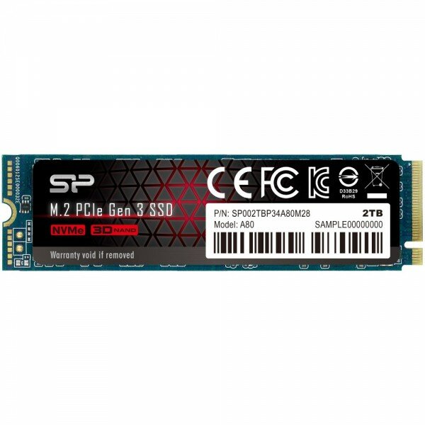 Твердотельный накопитель SSD Silicon Power M.2 2.0TB A80 (SP002TBP34A80M28) (PCI-E 3.0 х4, up to 3400/3000MBs, 3D TLC, NVMe 1.3, 22х80мм)