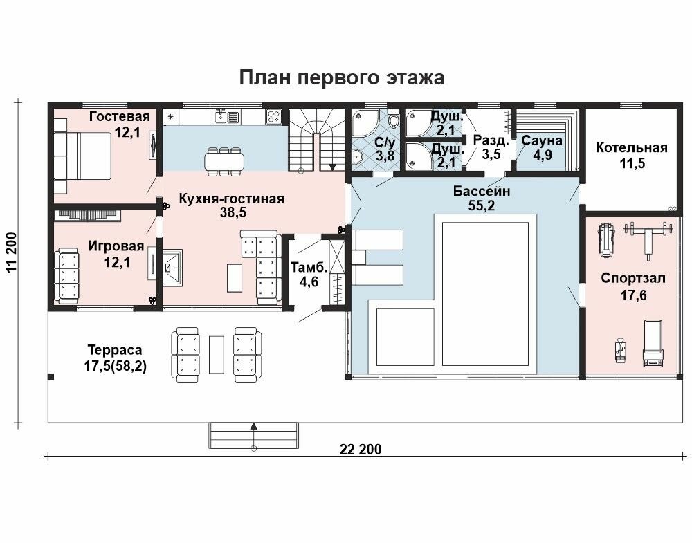 (212м2, 22х10м) Готовый проект двухэтажного дома из бруса с баней и бассейном - AS-2515 - фотография № 3