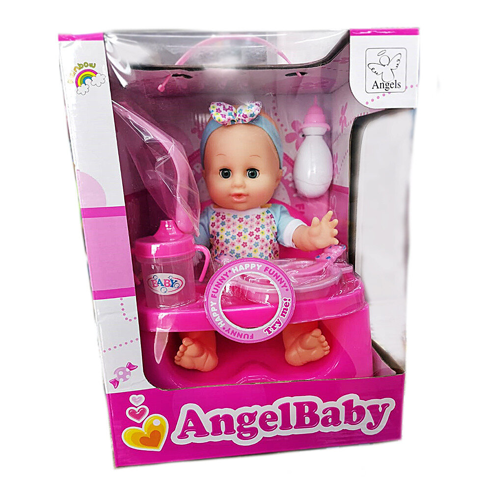 Пупс ANGEL BABY (Ангел Беби) Am35-3 в наборе со столиком для кормления,тарелкой, ложкой вилкой, слюнявчиком, бутылочкой, поильником