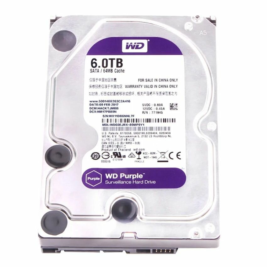 Жесткий диск Western Digital HDD WD SATA3 6TB Purple 5400 RPM 64Mb 1 year
