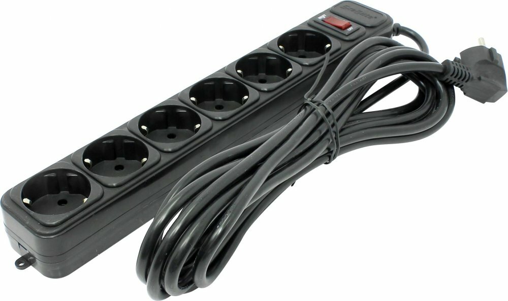 Сетевой фильтр ExeGate SP-6-5B, 6 розеток, с/з, 10А / 2200 Вт 6 5 м 0.75 м² 367 мм 95 мм 55 мм черный - фото №1