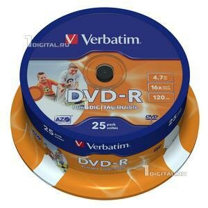 Диски Verbatim DVD-R Cake Box (25 шт.) Printable 4.7Gb 16x (43538)