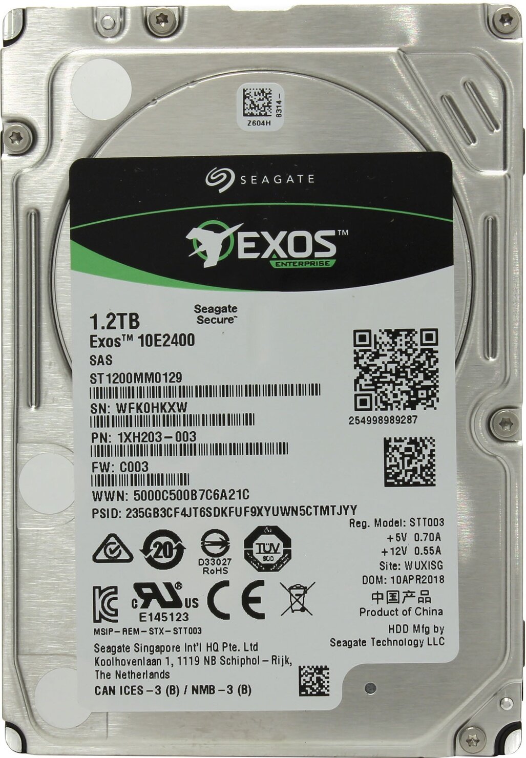 Жесткий диск HDD Seagate ST1200MM0129 Exos 10E2400 /SAS 3.0/1.2 TB 10000об/мин/Скорость чтения 266МБайт/с Скорость записи 130МБайт/с