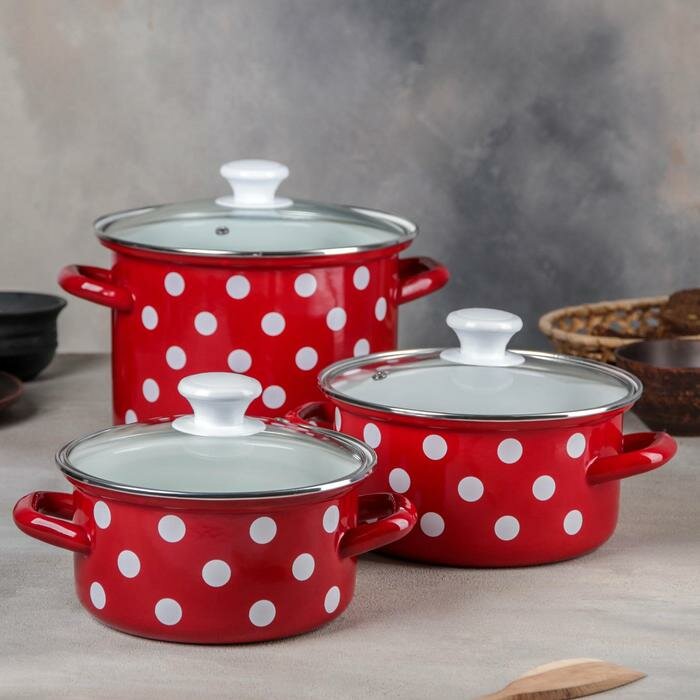 фото Набор кастрюль «Белый горох», 3 предмета: 1,9 л, 2,5 л, 5 л, стеклянные крышки, индукция