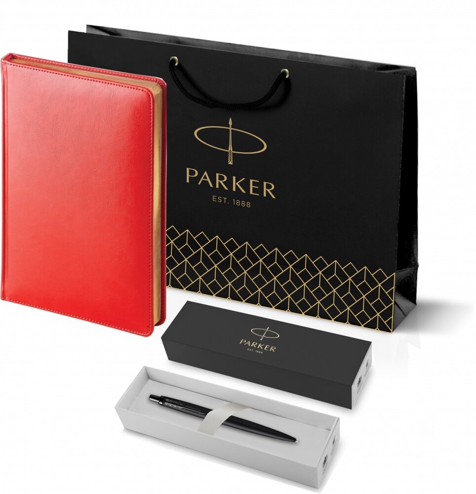 Подарочный набор: Шариковая ручка Parker Jotter XL SE20 Monochrome в подарочной упаковке, цвет: Black, стержень: Mblue и Ежедневник красный недатиров