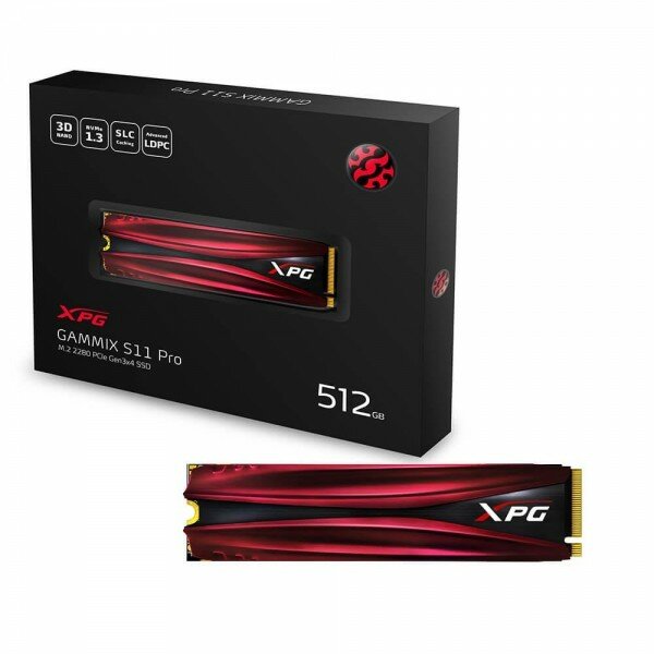 Накопитель SSD ADATA 512Gb XPG S11 Pro M.2(AGAMMIXS11P-512GT-C) (PCI-E 3.0 x4, up to 3500/2300Mbs, 390000 IOPs, 3D TLC, NVMe 1.3, 22x80mm, радиатор)