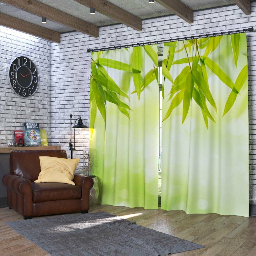 Фотошторы Бамбуковый лист на светло-зеленом фоне Ш150xВ255 см. 2шт. Габардин на тесьме