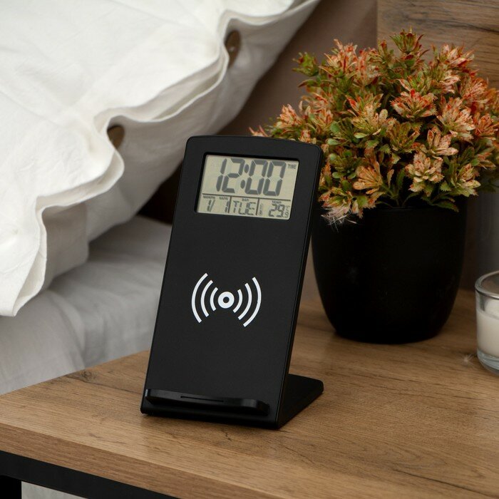 Luazon Home Термометр Luazon LTR-02, электронный, 10 Вт, будильник, беспроводная зарядка, черный - фотография № 1