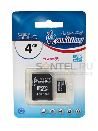 SB4GBSDCL10-01, карта памяти micro SDHC 4GB, Class 10, с адаптером, SmartBuy