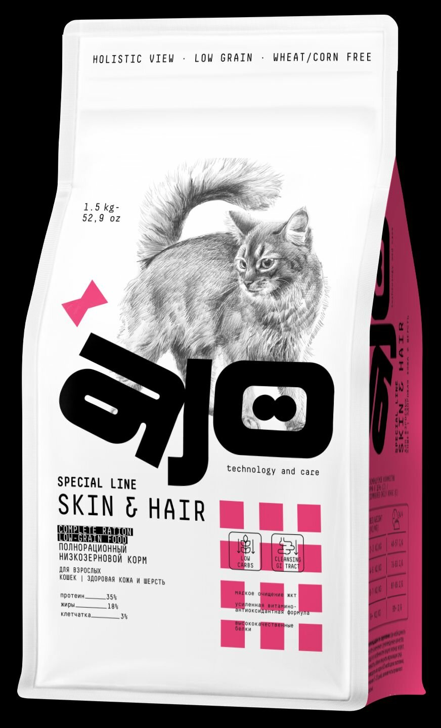 #(С)60259 AJO Cat Skin & Hair Сухой полнорационный корм для кошек здоровая кожа и красивая шерсть 1