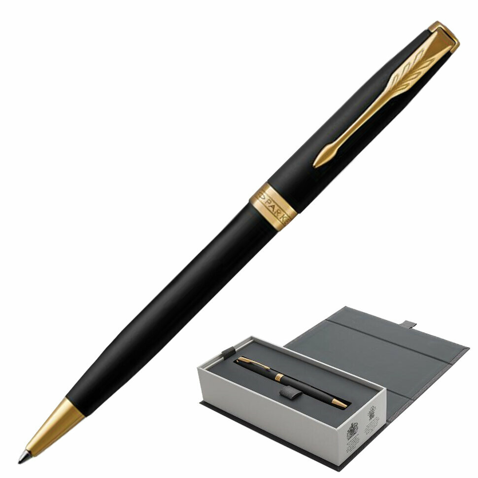 Ручка шариковая PARKER "Sonnet Core Matt Black GT", корпус черный матовый лак, позолоченные детали, черная, 1931519, 142359
