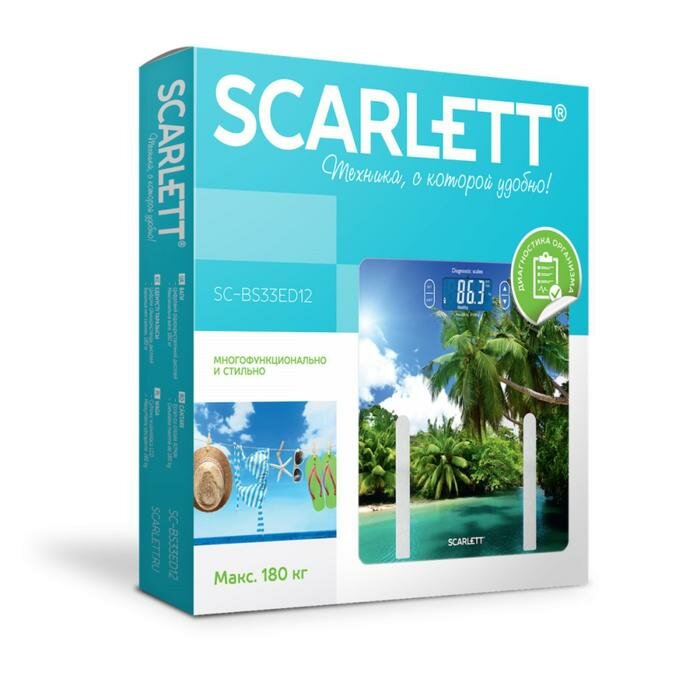 Весы напольные Scarlett BS33ED12, диагностические, до 180 кг, 1хCR2032, стекло, "пальмы" - фотография № 2