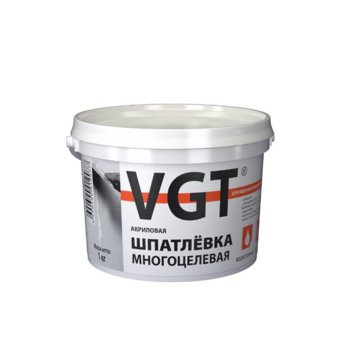 Шпатлевка Вододисперсионная Многоцелевая VGT 1кг Акриловая для Наружных и Внутренних Работ / ВГТ.