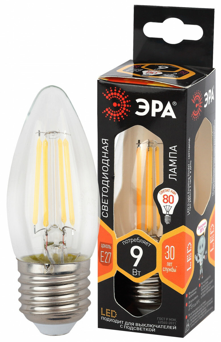 ЭРА F-LED B35-9w-827-E27 ЭРА (филамент, свеча, 9Вт, тепл, E27) (10/100/5000)