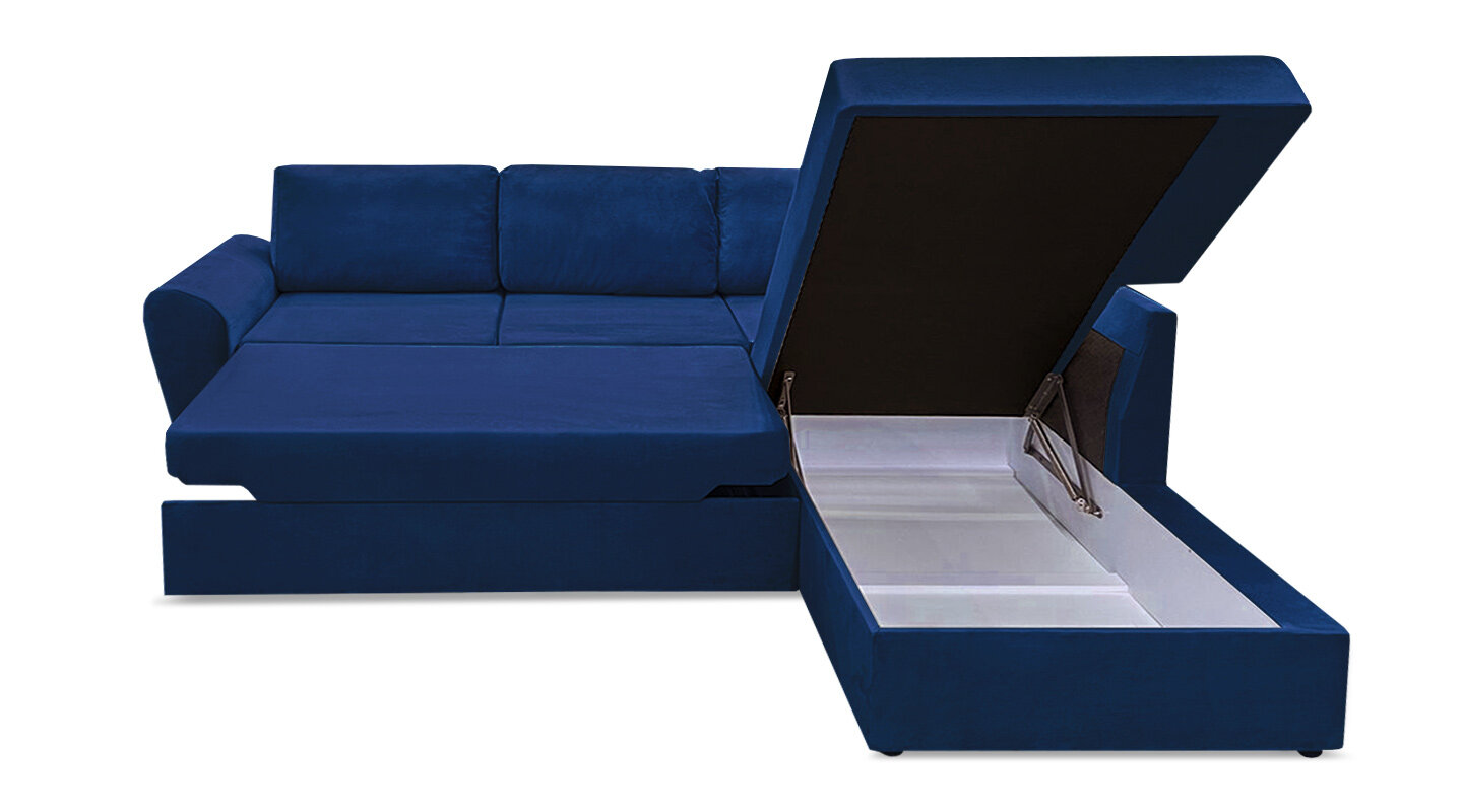 Диван кровать угловой раскладной Орхус, 240x221х71 см, механизм дельфин, НПБ, темно-синий велюр, правый - фотография № 7
