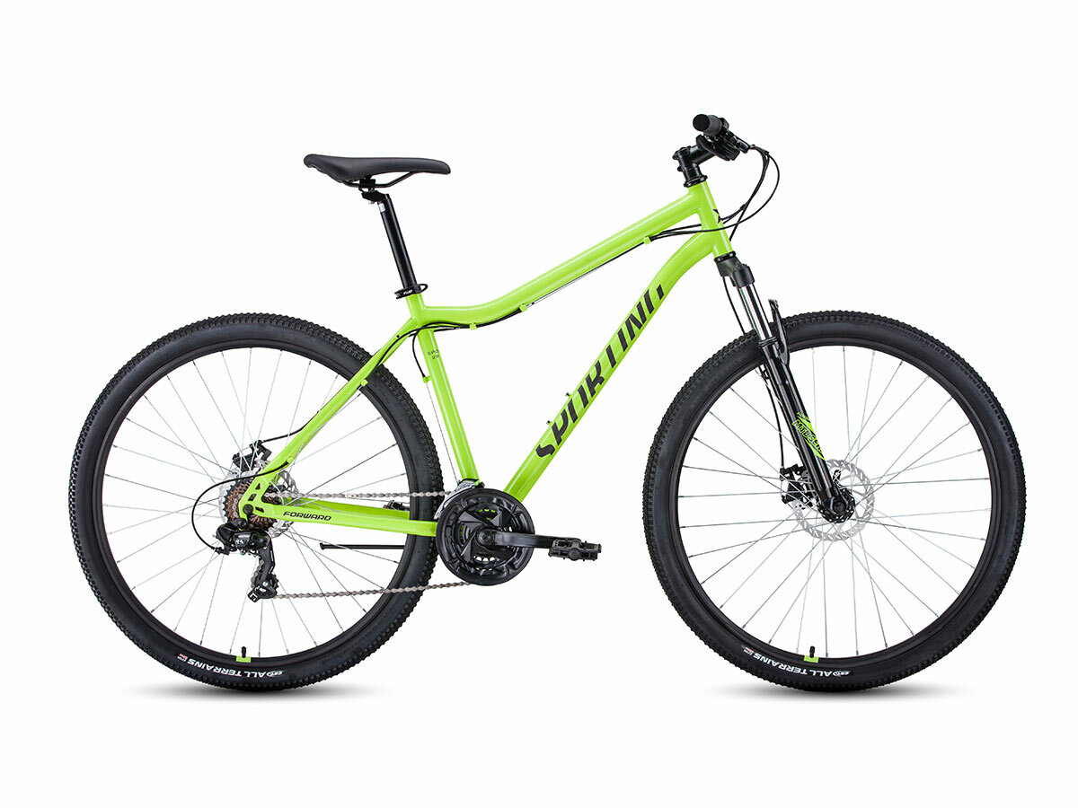 Велосипед горный FORWARD SPORTING 29 2.0 D 2023 рама 19 RB3R98140BGNXBK, ярко-зеленый/черный