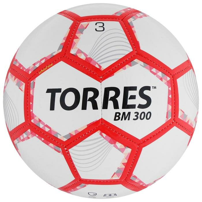 TORRES Мяч футбольный TORRES BM 300, размер 3, 28 панелей, глянцевый TPU, 2 подкладочных слой, машинная сшивка, цвет белый/серебряный/красный