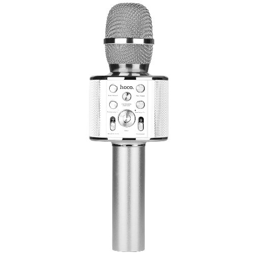 Микрофон вокальный беспроводной Bluetooth, Hoco BK3 Cool Sound Silver, microSD караоке-плеер - серебристый