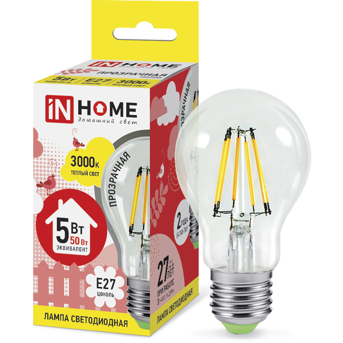 Светодиодная лампа In Home LED-A60-deco 5Вт 230В Е27 3000К 450Лм прозрачная 4690612008028