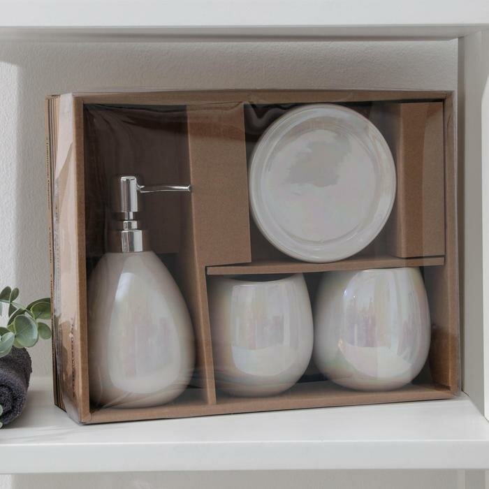 Набор аксессуаров для ванной комнаты Pearl, 4 предмета (мыльница, дозатор для мыла 400 мл, 2 стакана), цвет серый - фотография № 4