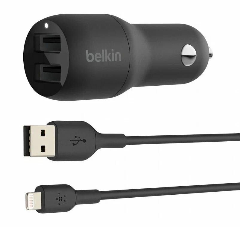 АЗУ Belkin 2 USB-A, 24W, кабель USB-A-LTG 1m, черный (CCD001bt1MBK)